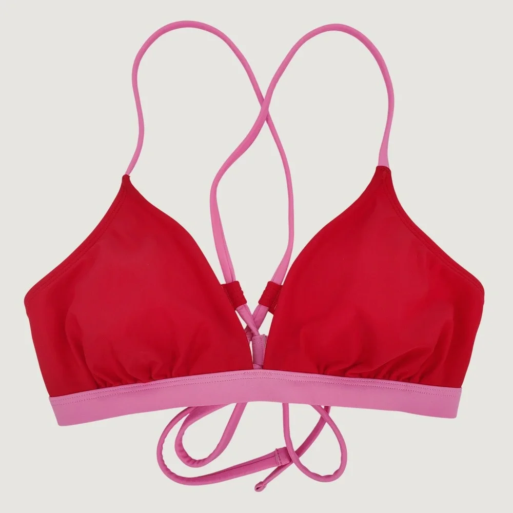 Cupshe Strappy Colorblock Triangle Bikini Top Medium Red Pink Adjustable Padded